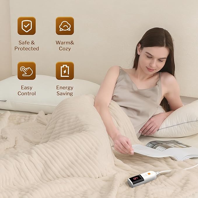 Reaks Electric Heated Blanket Full Size, Silky Soft Flannel & Sherpa Heating Blanket with 9 Heat Levels & 2-10 Hours Auto Off, Warm Gifts for Women Mom Grandma, ETL Certified (72x84 inches, Beige)