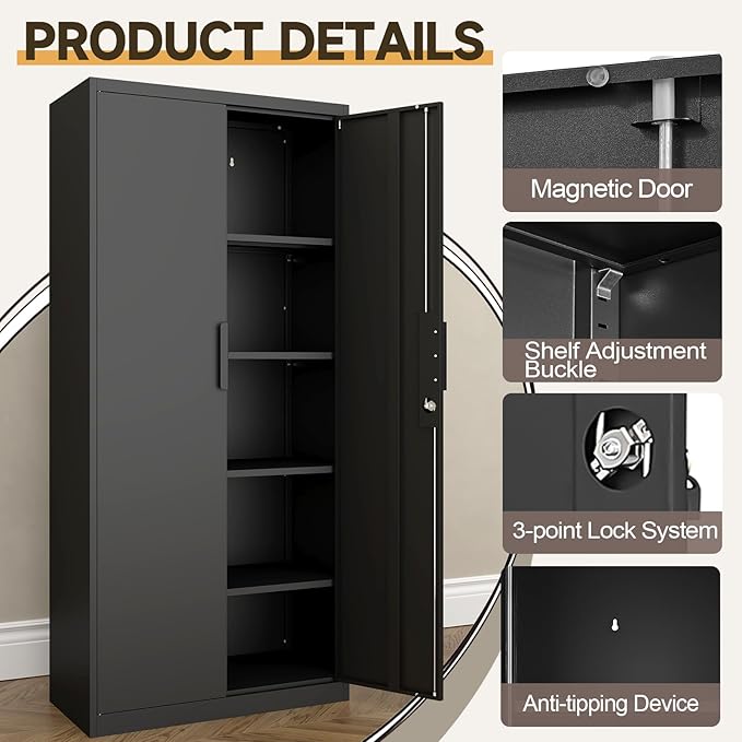 GREATMEET Metal Garage Storage Cabinets, 71" Tall Locking Cabinets with Doors and Shelves, Utility Cabinet with Lock for Garage, Home, Black