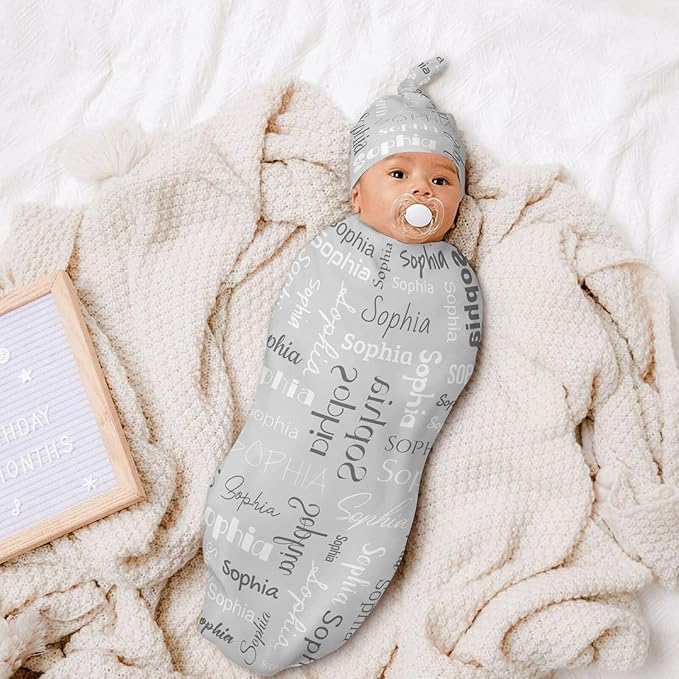 Personalized Baby Swaddle Blanket for Boys Girls Name Lettering Grey Custom Name Receiving Soft Blanket with Cap for Newborn Girls and Boys Soft Sleeping Sack