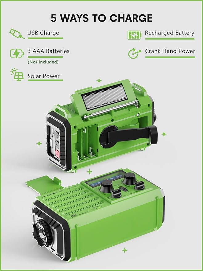 Raynic Weather Radio, 5000mAh/18500mWh Solar Hand Crank Emergency Radio, Battery Powered AM/FM/SW/NOAA Weather Alert Radio with Flashlight, Cell Phone Charger and SOS Siren for Power Outages (Green)