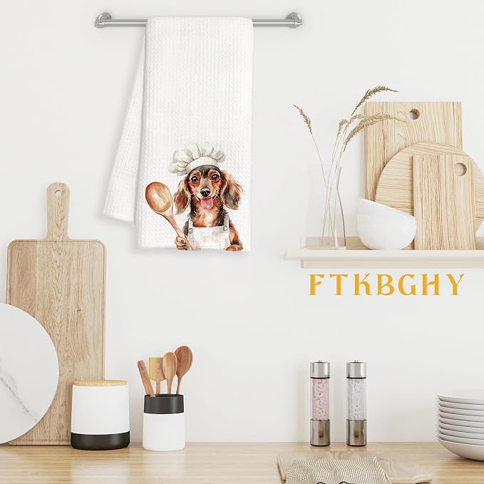 Funny Dachshund Chef Kitchen Towels, Dachshund Gifts for Women Men, Chef Gifts, Funny Wiener Dog Decorative Dish Hand Tea Towels for Kitchen Bakery, 16x24 Inch