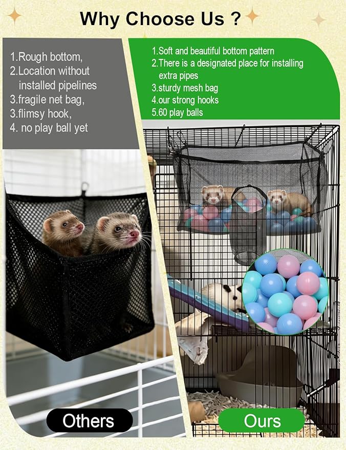 Ferret Ball Pit with 50 Pack Balls for Ferret Cage - Ferret Hammock for Cage Compatible with Tunnel System (Included 50 Pcs Ferret Toys Balls)