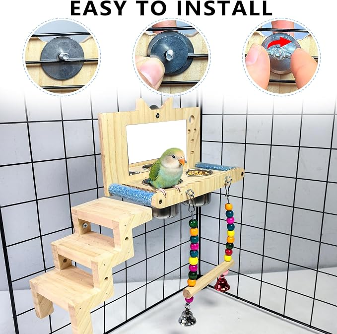 Bird Perch Platform with Mirror Ladder Swing Bowl,Parrot Play Gym Cage Toys | Bird Wood Playing Exercise Stands Perches,Parakeet Climbing Ladder Playground Cage Accessories for Cockatiel Budgie Lovebird