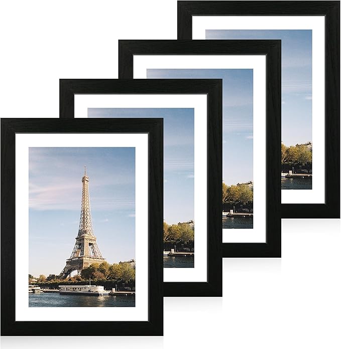 iRahmen 10x14 Picture Frame Set of 4 with Tempered Glass, Black Frame Display 8x12 Picture with Mat or 10 x 14 Without Mat, Rustic Wood Photo Frames for Horizontal or Vertical Wall Mounting