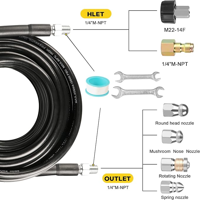 Pressure Washer Drain Jetter – Sewer Jetter Kit for Pressure Washer 150ft 1/4 Inch NPT Hose Nozzles and Adapter 5800PSI Clears Clogs in Pipes & Sewer Lines