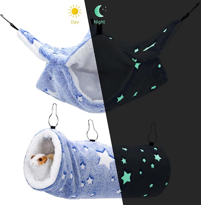 Noctilucent Luminous Guinea Pig Rat Hammock Bunkbed Hanging Tunnel Hideout | Hanging Soft Bed Mat for Ferret Hedgehog Squirrel Hideout Cage Accessories (Tunnel and Bunkbed Hammock)