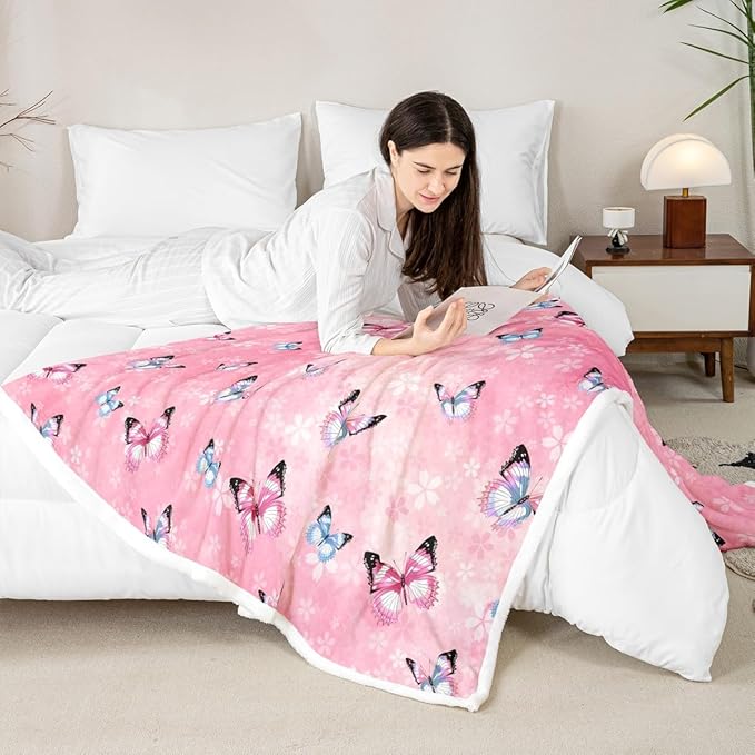 Feelyou Girls Butterfly Fleece Throw Blanket Baby 30"x40" Kids Pink Cherry Blossom Sherpa Blanket Plush Fuzzy for Bed Couch Chair Living Room, Beautiful Butterflies Bed Blanket Room Decor