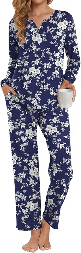 Anyally Women's Plus Size Pajama Sets Ladies Fall Pjs 2 Pieces Lounge Outfits V Neck Long Sleeves Sleepwear with Pockets