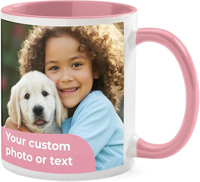 Personalized Mug, Custom Ceramic Mug with Photo and Text, 11oz, Pack of 1, Glossy Coffee Cup, Perfect for Christmas, Secret Santa or as Holiday Gift for Family or Friends, White/Pink