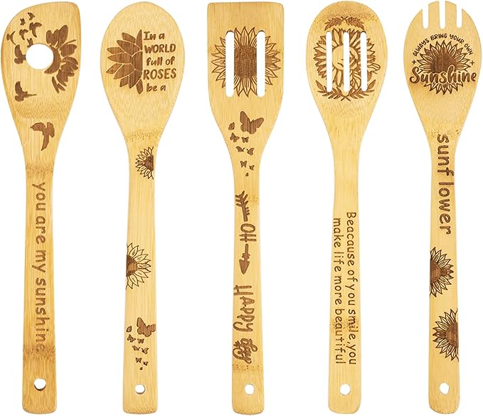 5PCS Sunflower Wooden Cooking Spoons - Sunflower Kitchen Gift Set, You Are My Sunshine, Bamboo Cooking Spoons for Housewarming, Wedding, Birthday, Mom, Bridal Shower