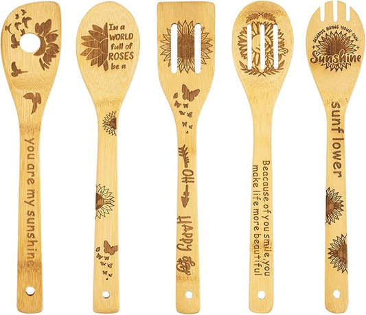 5PCS Sunflower Wooden Cooking Spoons - Sunflower Kitchen Gift Set, You Are My Sunshine, Bamboo Cooking Spoons for Housewarming, Wedding, Birthday, Mom, Bridal Shower