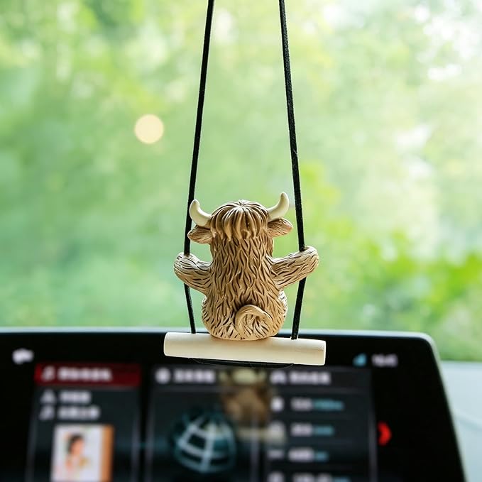 YGMONER Swinging Highland Cow Car Hanging Ornament – Holiday Favorite Farm Animal, Funny Rear View Mirror Hanging Accessories, Ideal Gift for Animal Lovers (Highland Cow)