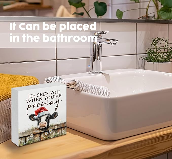 Christmas cows Home Bathroom Decor Sign - Farmhouse Western Christmas Animal Bathroom Decor,Rustic Farm Animal He Sees You When You're Pooping Signs,cows Gifts for Women