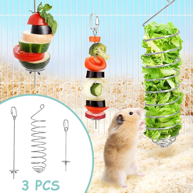 3 PCS Rat Enrichment Toys Stainless Steel Rat Foraging Toy Hanging Slow Feeder Mice Fruit Vegetable Skewer Food Holder Cage Accessories for Rodent Dwarf Hamster Gerbil