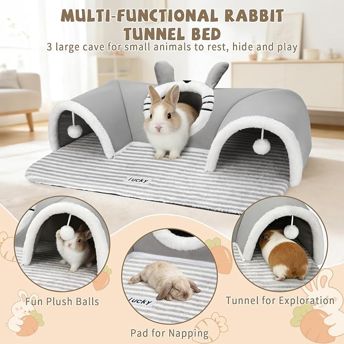 YUEPET 3-Way Bunny Tunnel Bed, Rabbit Tunnel for Indoor, Bunny Play Tunnel | Cozy Bunny Bed, Washable Rabbit Tunnels for Indoor Bunnies, With Removable Cushion, Anti-Slip Base, 29.5 x 21.7 in, Grey