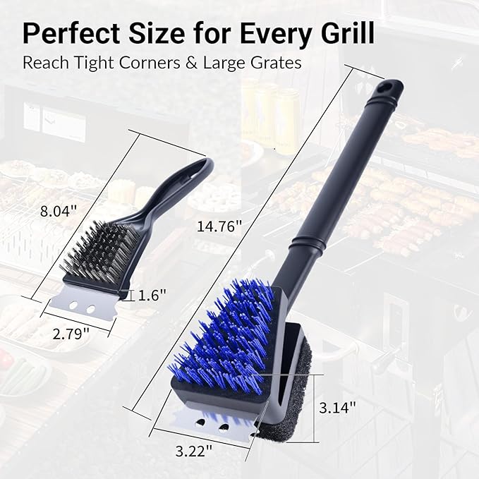 Nylon Grill Brush Cleaning Kit, No Wire Bristle BBQ Brush with Scraper, Safe Barbecue Cleaning Kit for Gas Charcoal Grill Grates, Heat Resistant Outdoor Grill Cleaner, Gift for Men Dad 2-Piece Set