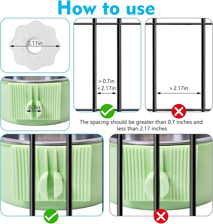 kathson Crate Dog Bowl, Removable Stainless Steel Hanging Pet Cage Bowl Food & Water Feeder Coop Cup for Cat, Puppy, Birds, Rats, Guinea Pigs (2 PCS, Size: M, Blue and Pink)