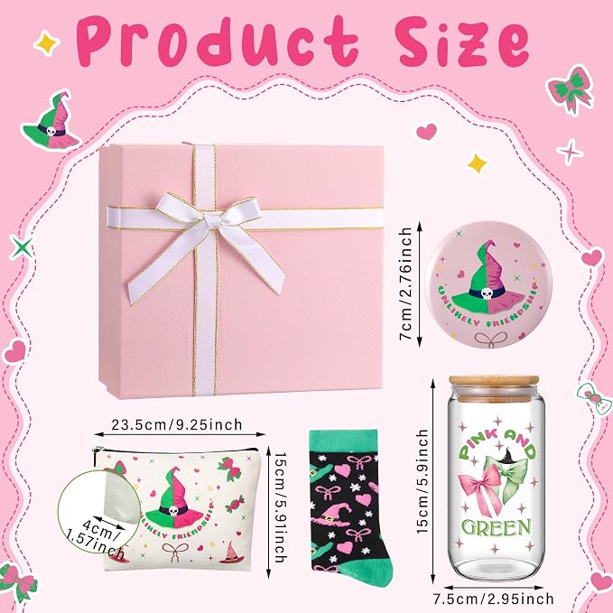 Kacctyen 5 Pcs Pink and Green Gift for Women Witch Stuff 16oz Pink Green Bow Glass Cup Witch Hat Cosmetic Bag Sock Mirror Box Unlikely Friendship Birthday Party Supplies for Movie Lover Gift