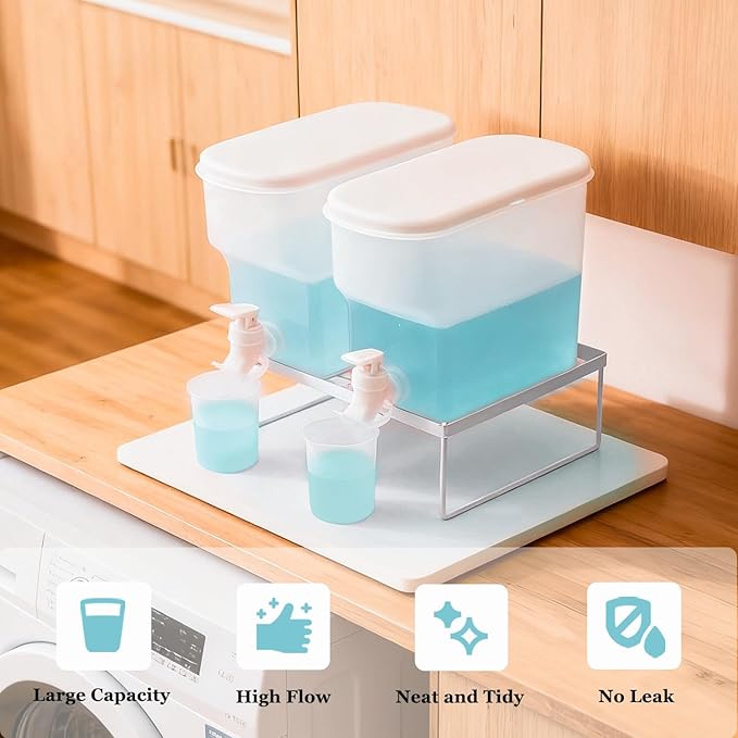 Laundry Detergent Dispenser Set, 105oz (3L) Easy-Pour Leak-Proof Bottles with Spout Plug Caps,Measuring Cups & Stand–2 Refillable Semi-Transparent Soap Containers for Laundry Room Organization