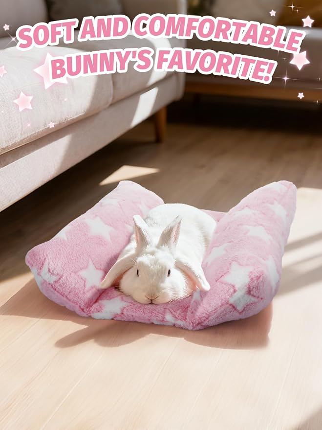 MEWTOGO 15.7" x 14" Bunny Bed for Rabbit Cage, Thickened & Soft | Prevent Sore Hocks Plush Mat with Cotton Lounger Pillows, Small Animal Flop Mat for Hutch Sleeping Indoor, Pink-Star