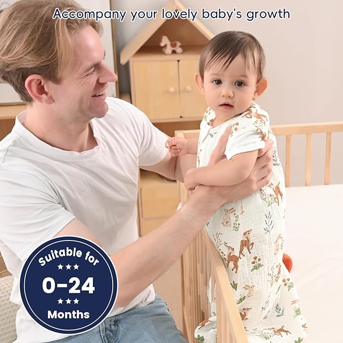PHF 100% Muslin Cotton Baby Sleep Sack, 12-18 Months Baby Wearable Blanket with 2-Way Zipper, 2 Pack Soft Breathable Cooling 0.5 TOG Large Size Sleeveless Sleeping Bag for Boys/Girls, Woodland