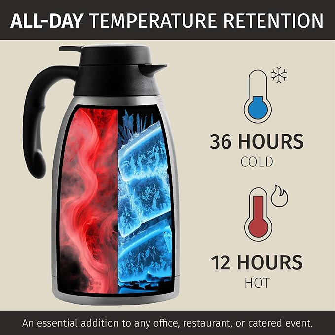 Cresimo Thermal Coffee Carafe 68oz / 2L - 12 Hours Hot Beverage Dispenser, Insulated Stainless Steel Carafe for Liquids, Coffee Carafes For Keeping Hot Water Dispenser for Parties - Large Tea Flask