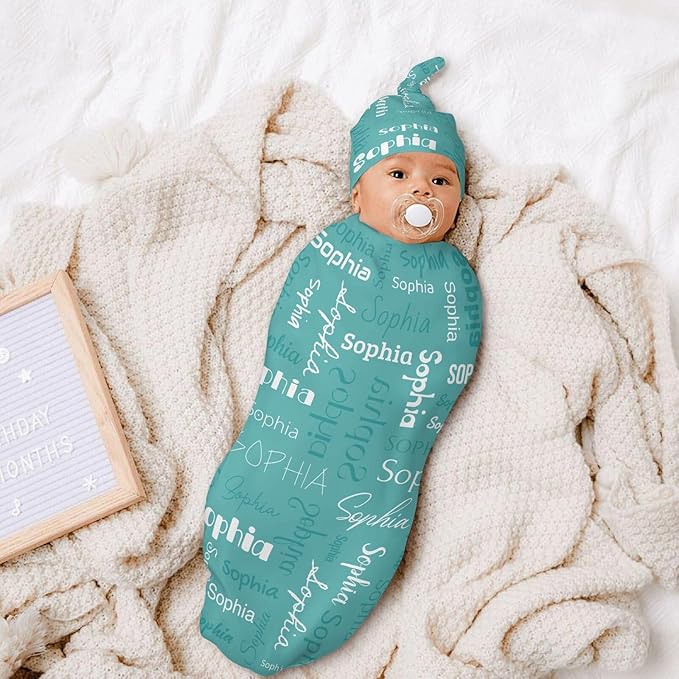 Personalized Baby Swaddle Blanket for Boys Girls Name Lettering Lake Blue Custom Name Receiving Soft Blanket with Cap for Newborn Girls and Boys