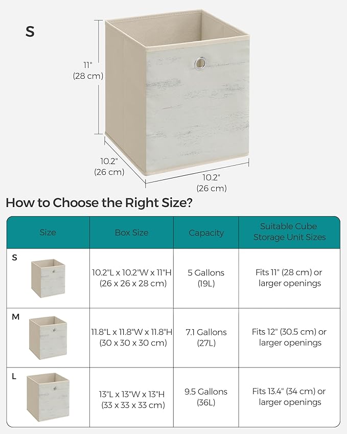 SONGMICS Storage Cubes, Set of 6 Storage Bins with Handles, Foldable Oxford Fabric and Non-Woven Fabric Storage Boxes, 10.2 x 10.2 x 11 Inches, Fit Cube Storage Unit, Vintage White URFB126W01