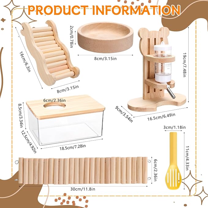 6Pcs Hamster Sand Bath Box Set Hamster Cage Accessories Hamsters Fence Toy | Hamster Bath Container Climbing Ladder Fence Toy Feeding Bowl Water Bottle Sand Shovel for Dwarf Gerbils Small Animals Pet