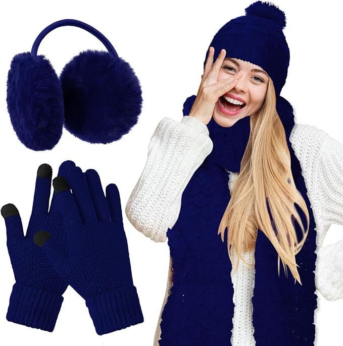 JenPen 4 Pcs Winter Hat Scarf and Gloves Set for Women Include Ear Cover Cold Weather Scarf Hat Knit Beanie Gloves