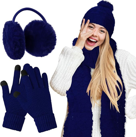 JenPen 4 Pcs Winter Hat Scarf and Gloves Set for Women Include Ear Cover Cold Weather Scarf Hat Knit Beanie Gloves