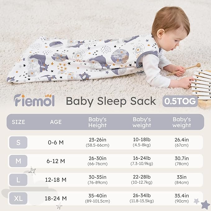 Baby Sleep Sack 12-18 months, 100% Cotton Sleeping Sack for Newborn and Infant, 3 Pack Baby Wearable Blanket for Boy and Girl, 0.5 Tog Lightweight Double Zipper Sleep Bag Grey Moon Bear