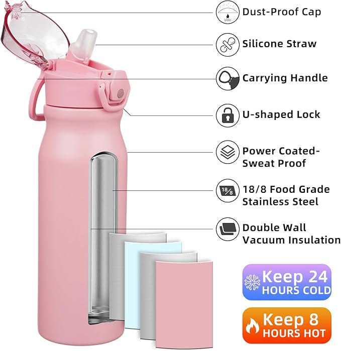 BJPKPK Water Bottle with Straw 25oz Insulated Water Bottles Reusable Stainless Steel Metal Thermal Flask with Leak Proof Lockable Lid and Carry Handle,Light Pink