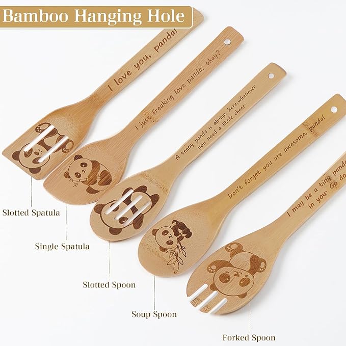 5PCS Panda Wooden Cooking Spoons Kitchen Decor Panda Gifts for Women Men Panda Lovers Birthday Gifts Party Favors Housewarming Wedding Bamboo Cooking Spoons for Everyday Use
