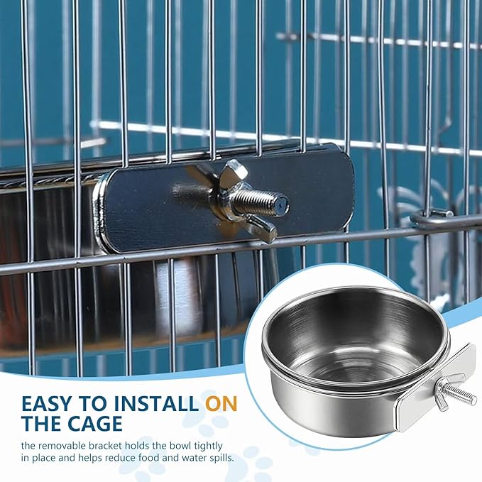 2Pcs Stainless Steel Bird Feeding Bowls, Small Bird Feeding Cup, Stainless Steel Parrot Food Bowl Cage with Holder, Parrot Cage Water Feeder, Pet Cage Cup Holder (Dia 6.3", 4.72",)