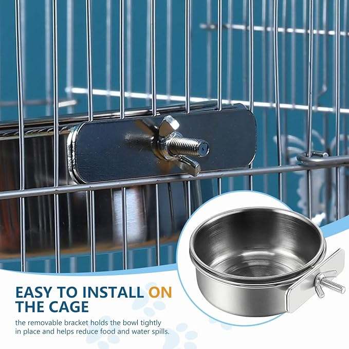 2Pcs Stainless Steel Bird Feeding Bowls, Small Bird Feeding Cup, Stainless Steel Parrot Food Bowl Cage with Holder, Parrot Cage Water Feeder, Pet Cage Cup Holder (Dia 3.93", 5.51",)