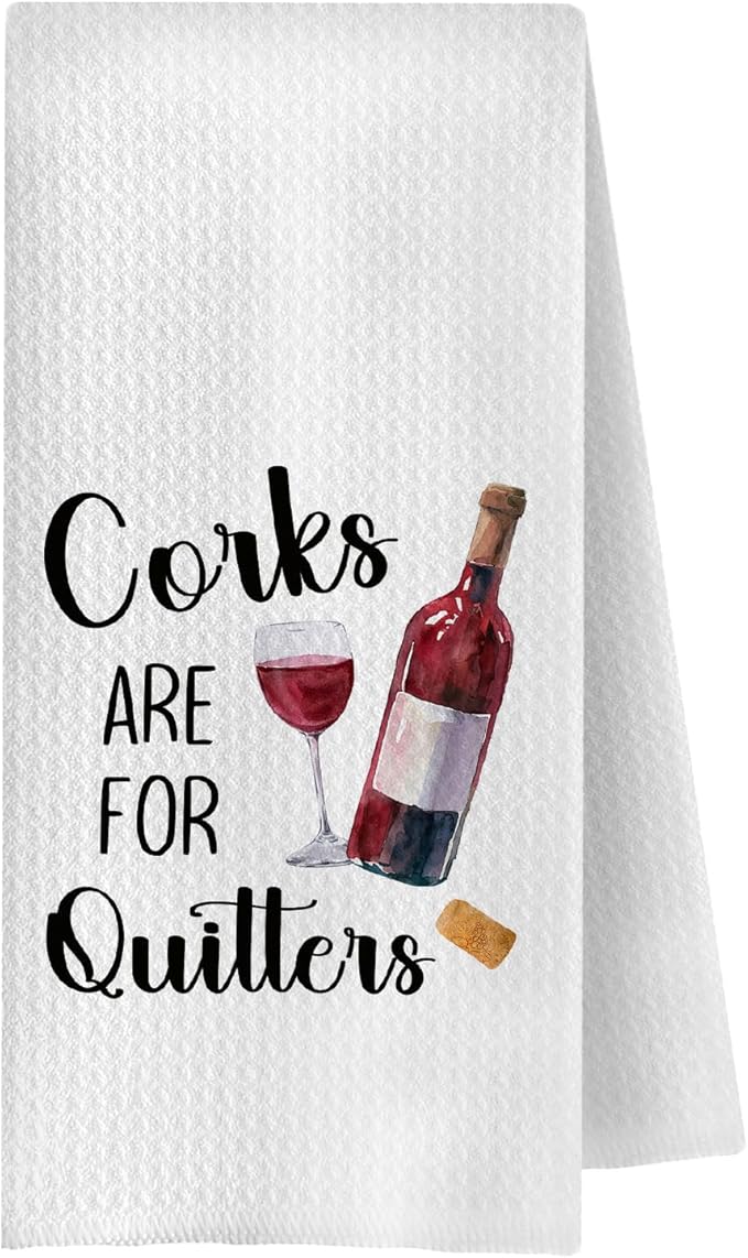 Funny Red Wine Kitchen Towels, Wine Lover Gifts Dish Tea Bar Towels for Kitchen Bar Cart Decor, Corks are for Quitters Decorative Hand Towels, 16x24 Inches
