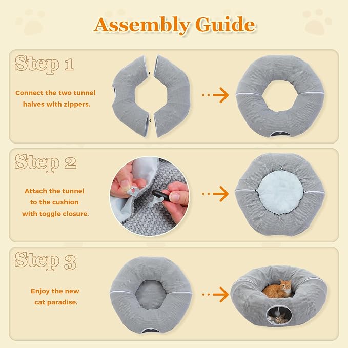 PEQULTI Grey Donut Cat Tunnel Bed Washable Plush Mat Multi for Small Pets | Round play tube with soft detachable plush mat, multi-pet toy fit indoor cats, kittens, puppies, rabbits and ferrets