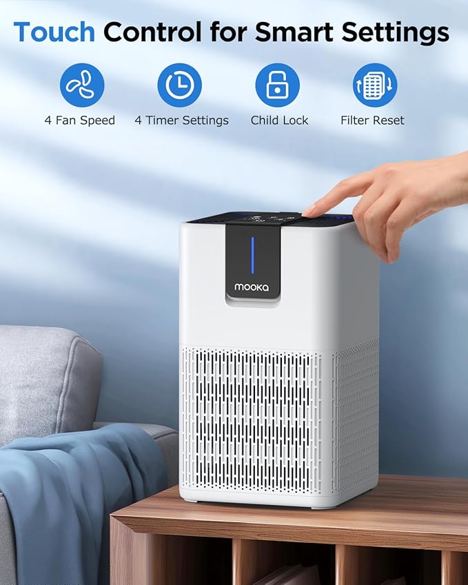 Air Purifiers for Home Large Room Up to 1250 Ft²,MOOKA H13 HEPA Air Purifier for Pets Dust Odor Smoke,Aromatherapy Function,Air Cleaner with 15dB Quiet Sleep Mode for Bedroom Office Living Room,White