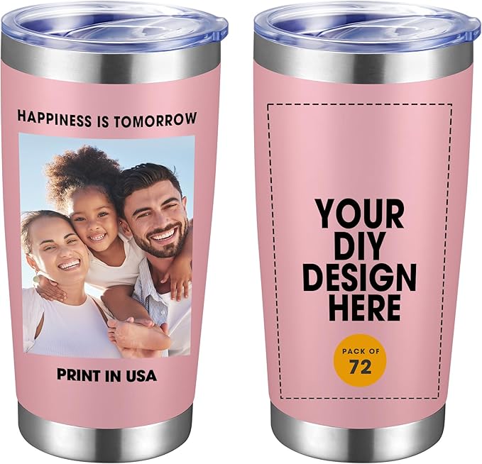 Personalized Custom Tumbler Print in USA 72 Pcs 20oz Stainless Steel Coffee Cup with Lid & Straw Double Wall Insulated Tumbler with Colorful Text Logo Photo