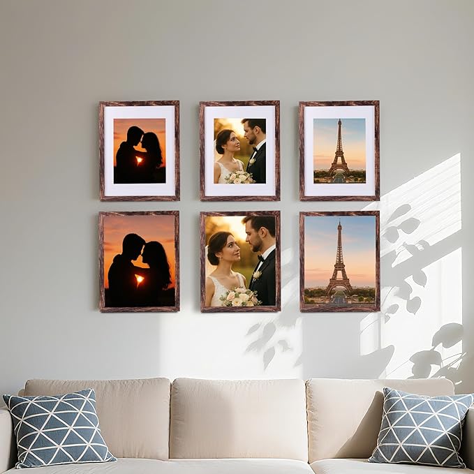 6 Pcs 11x14 Rustic Brown Wood Picture Frame - Display Pictures 8x10 with Mat or 11 x 14 without Mat - Distressed Brown Wooden Photo Frames for Wall Mounting 11 14 Matted to 8x10 Farmhouse Set of 6
