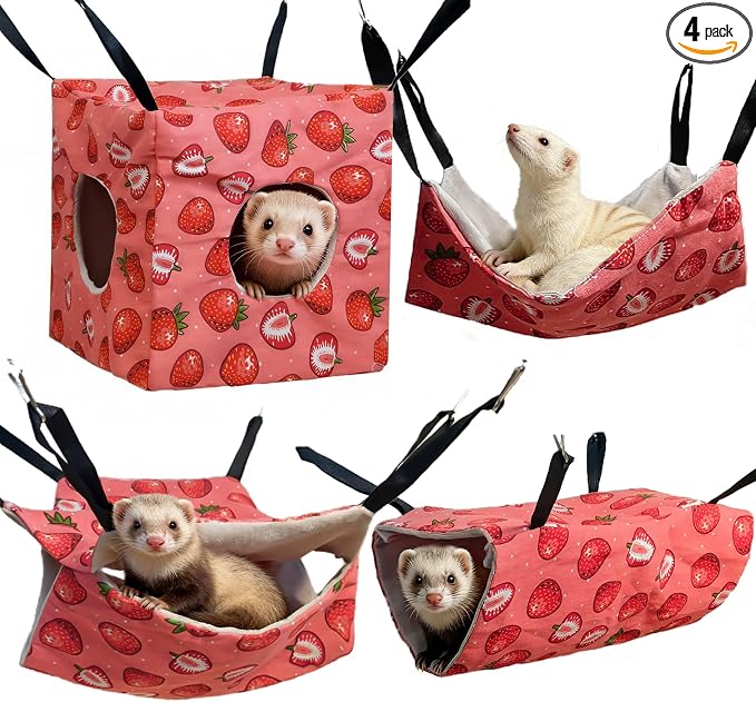 kathson 4 PCS Ferret Hammock Set,Washable Guinea Pig Hideout Bed,Soft Hamster Toys Hanging Tunnel Mats, Small Pets Cage Accessories for Rat, Sugar Glider, Squirrel(Pink)