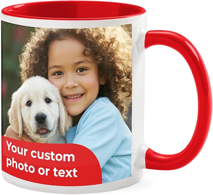 Personalized Mug, Custom Ceramic Mug with Photo and Text, 11oz, Pack of 1, Glossy Coffee Cup, Perfect for Christmas, Secret Santa or as Holiday Gift for Family or Friends, White/Red