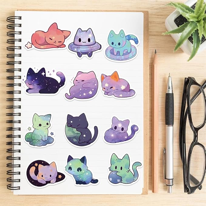 50Pcs Cats Sticker, Cute Starry Sky Cats Stickers for Kids Teens Adults, Vinyl Cartoon Pink Animals Decals Kawaii Sticker for Decor Water Bottles Laptops Guitar Scrapbook (Starlight Cat)
