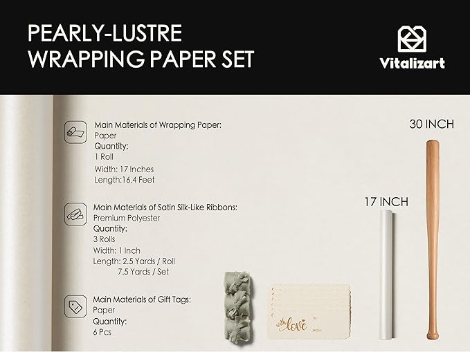 Vitalizart White Wrapping Paper Set 17" Pearly-Lustre With Silk Like Satin Ribbon & Gift Tags Recyclable Christmas Gift Wrapping Birthday Baby Shower Wedding Handmade Crafts 197"(16.4 Ft)