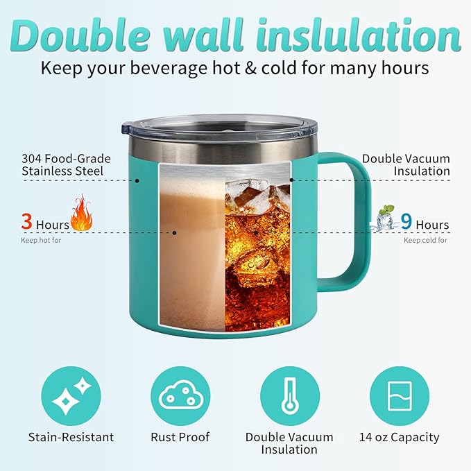 Personalized Insulated Coffee Tumbler - 14oz Engraved Stainless Steel Coffee Mug - Personalized Travel Mug with Handle and Lid - Ideal Customized Gift for Women, Men, Friends