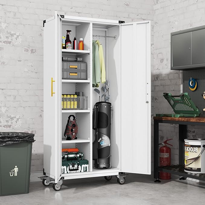 71" Broom Storage Cabinet, Cleaning Tool Storage Cabinet, Garage Utility Storage with Hooks and Hanging Rods, Heavy Duty Garden Tool Organizer, for Home, Garage, Laundry Room, Gym, Workshop