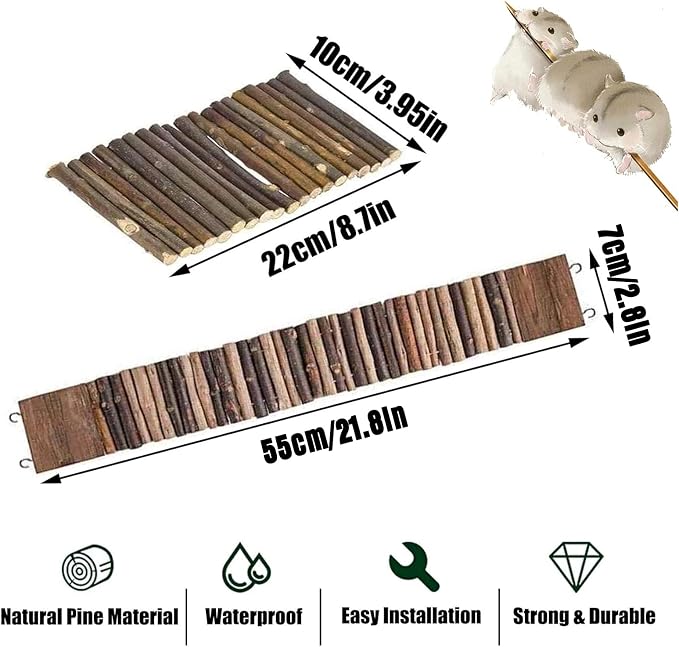 PINVNBY 2PCS Bendy Hamster Suspension Bridges(21.8in and 8.7in) Flexible Hamster Climbing Ladder Natural Wooden Bridge Hamster Cage Accessories for Guinea Pig Dwarf Sugar Glider Rat Mouse Chinchillas