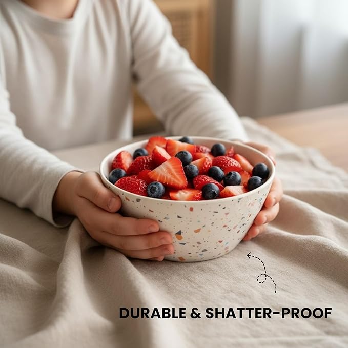 Bamboo Bowl Set of 4 – 6 Inch 20 oz Durable Deep Cereal and Snack Dishware for Kids and Toddlers – BPA Free, Dishwasher Safe, Lightweight Alternative to Plastic or Ceramic (Confetti Design)