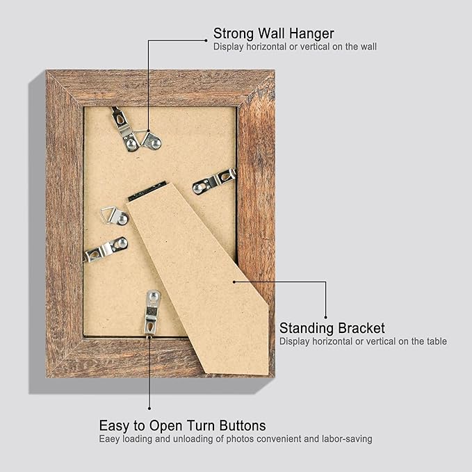 iRahmen 4x6 Picture Frame Set of 4, High Definition Real Glass Rustic Brown Frame, 4 x 6 Wood Photo Frames for Tabletop Display and Wall Mounting